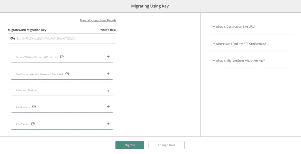 Migration key and site credentials migrate guru